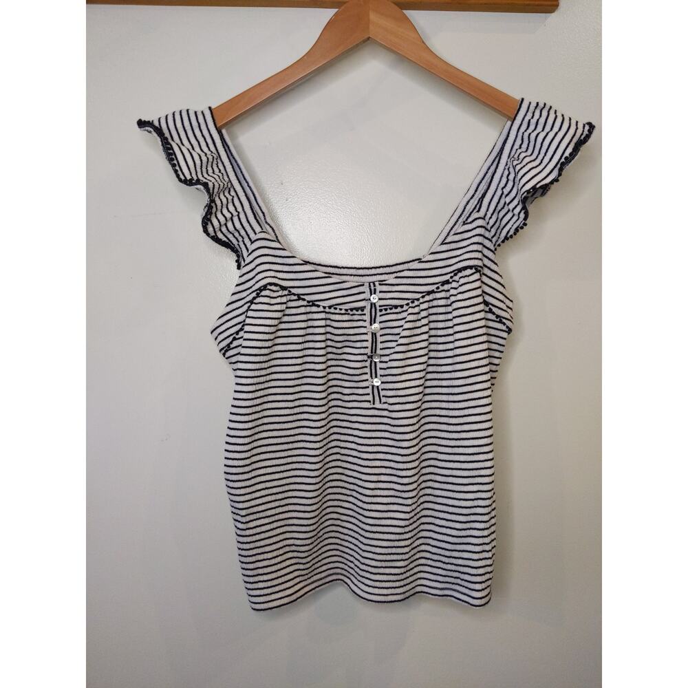 Lucky Brand Black White Stripe Ruffle Cap Sleeve Henley Tank Top Small